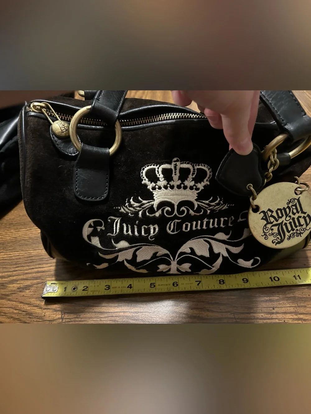 Juicy Couture Black Velvet Bag with Gold-tone Logo Charm